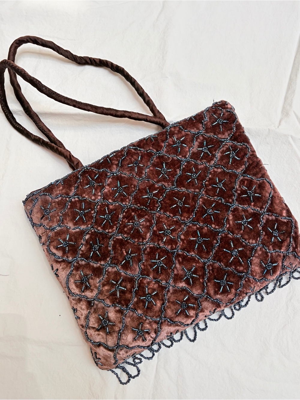 Beaded Velvet Shoulder Bag in Brown